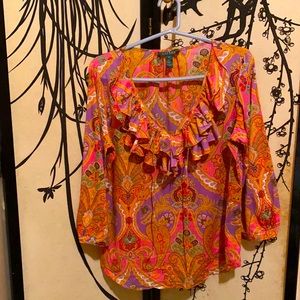 VTG Lauren Ralph Lauren Orange Multicolored Ruffled Paisley Peasant Boho Blouse